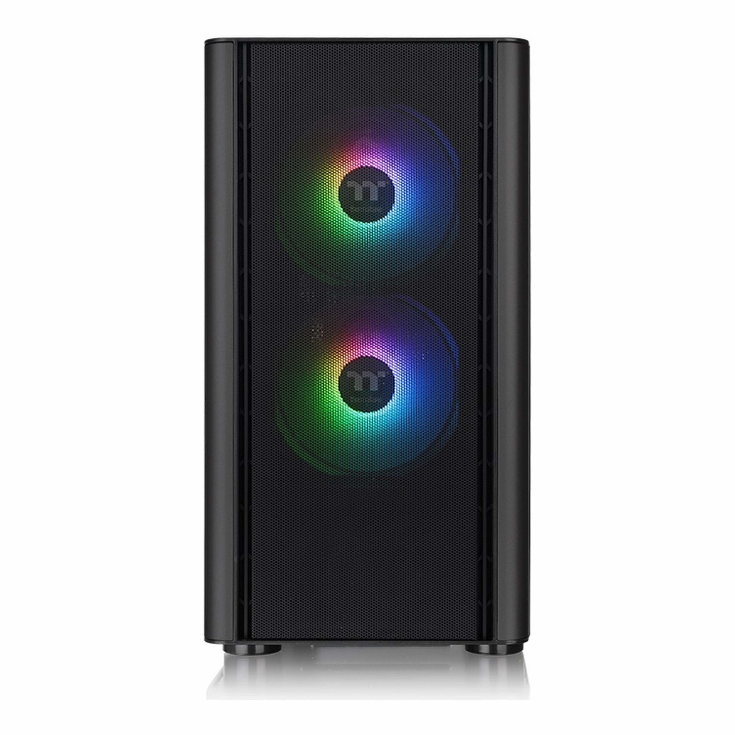 Ön paneli ızgaralı ve iki aydınlatmalı RGB fanlı siyah bilgisayar kasası.