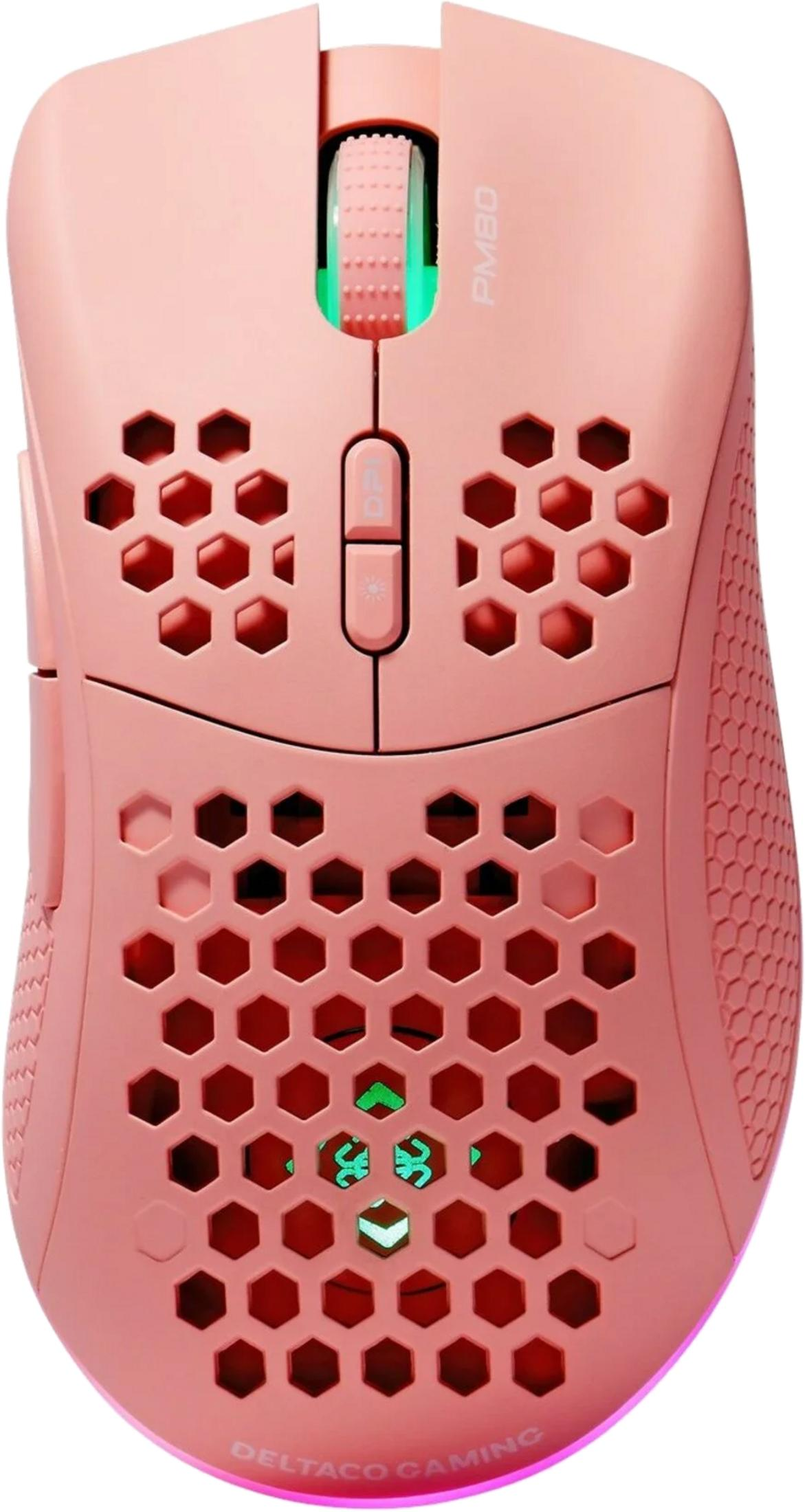 Rosa Gaming-Maus mit Wabenmuster und grünem LED-Licht.
