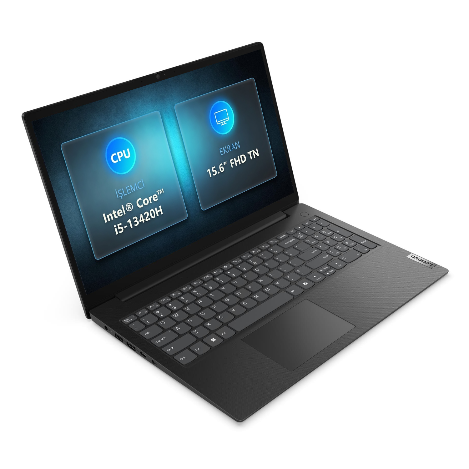 Intel Core i5 işlemcili ve 15.6 inç ekranlı siyah Lenovo dizüstü bilgisayar.