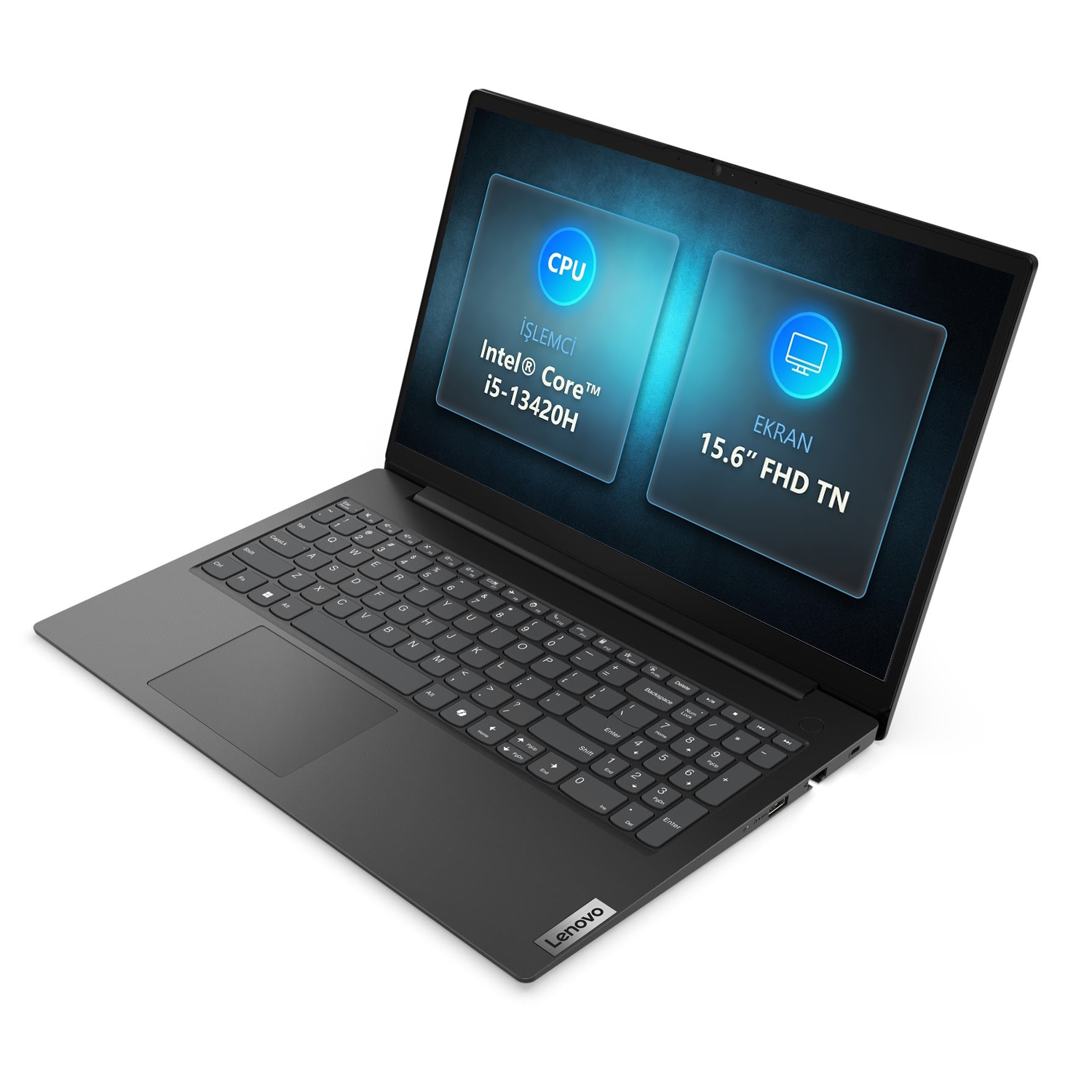 Beyaz arka planda Intel Core i5-13420H ve 15.6 inç FHD TN ekran özelliklerini gösteren siyah Lenovo dizüstü bilgisayar.