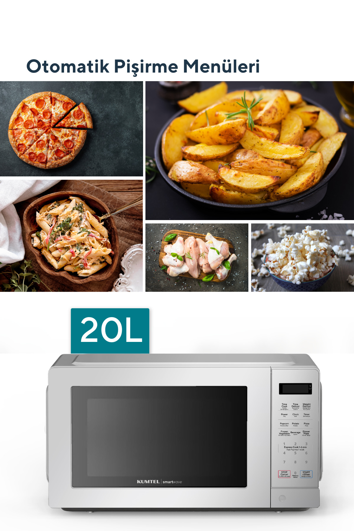 Pizza, patates ve makarna gibi çeşitli pişmiş yemek fotoğraflarının altında Kumtel 20L mikrodalga fırın.