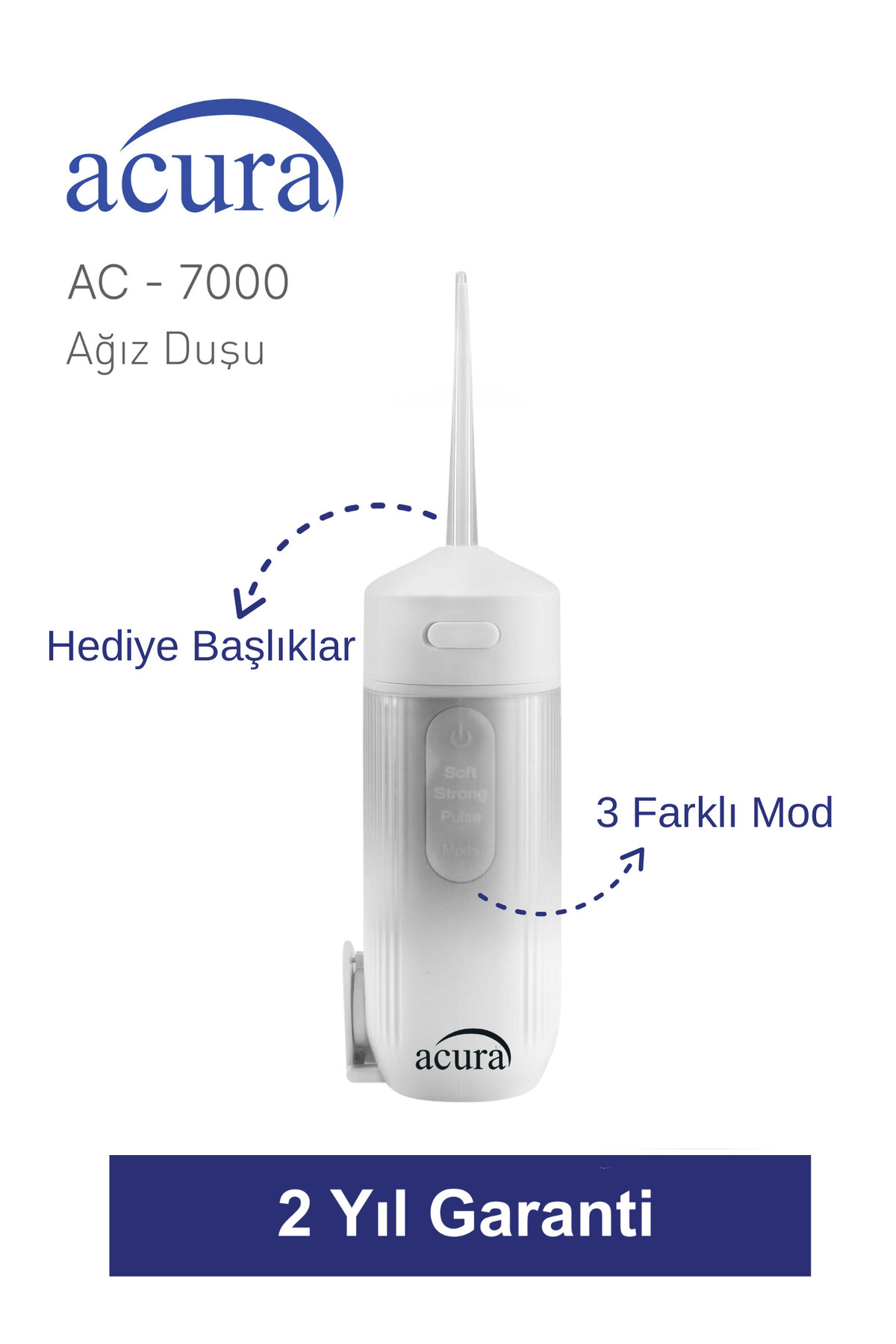 Etiketlenmiş özellikleri ve iki yıl garantisi olan beyaz Acura AC-7000 ağız duşu.