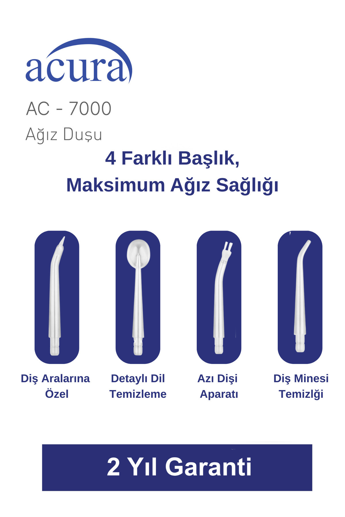 Dört farklı başlık ve iki yıl garanti sunan Acura AC-7000 ağız duşu reklamı.