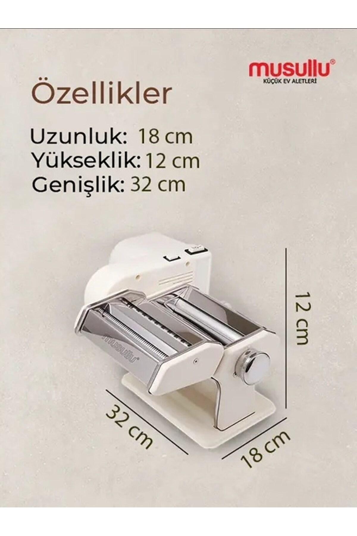 Bej zemin üzerinde Türkçe yazılı ve 32x18x12 cm ölçülerinde beyaz makarna yapma makinesi.