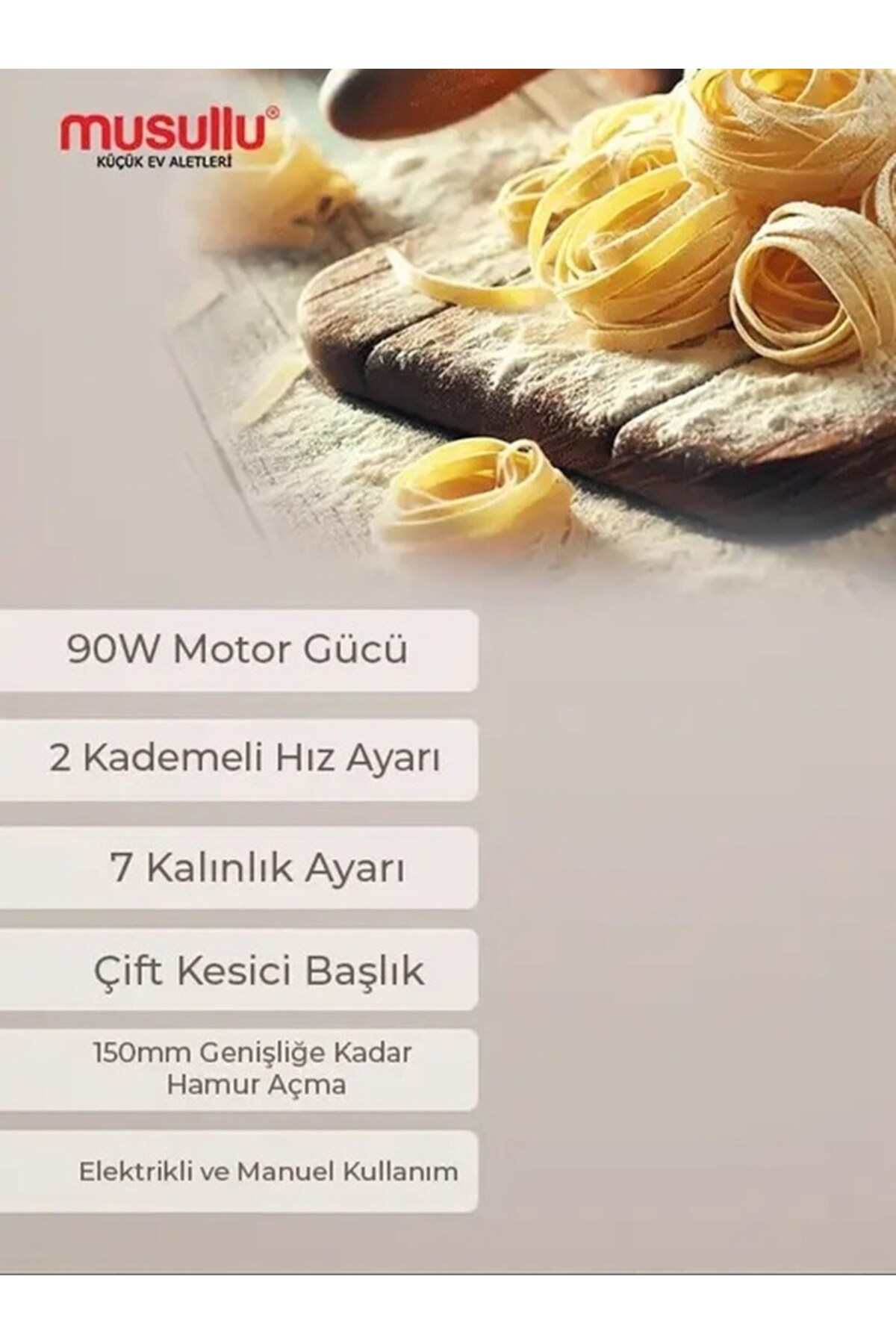 Unlu tahta üzerinde taze makarna yumakları ve altında özellik metinleri.