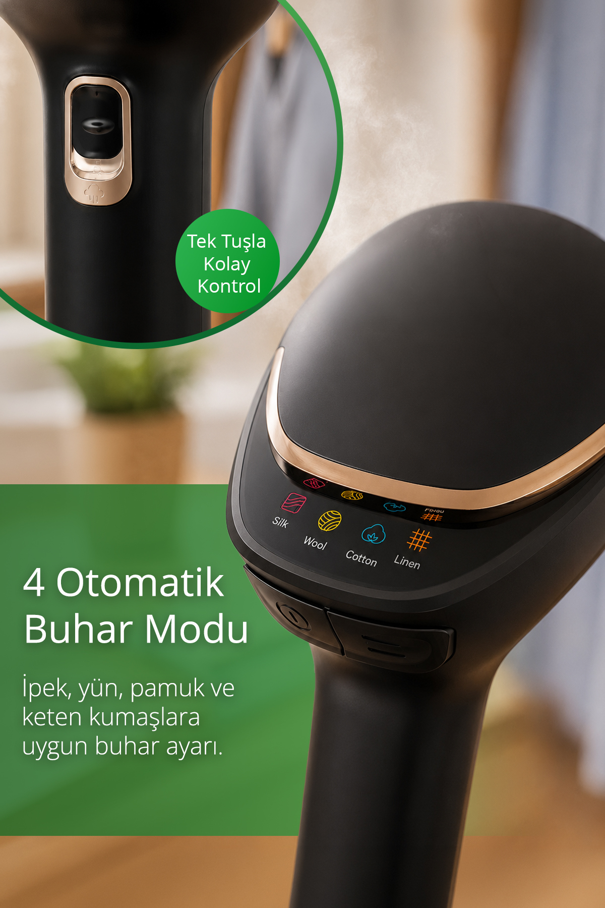 Altın detaylı siyah buharlı ütü; İpek, Yün, Pamuk ve Keten olmak üzere 4 kumaş modunu gösterir.