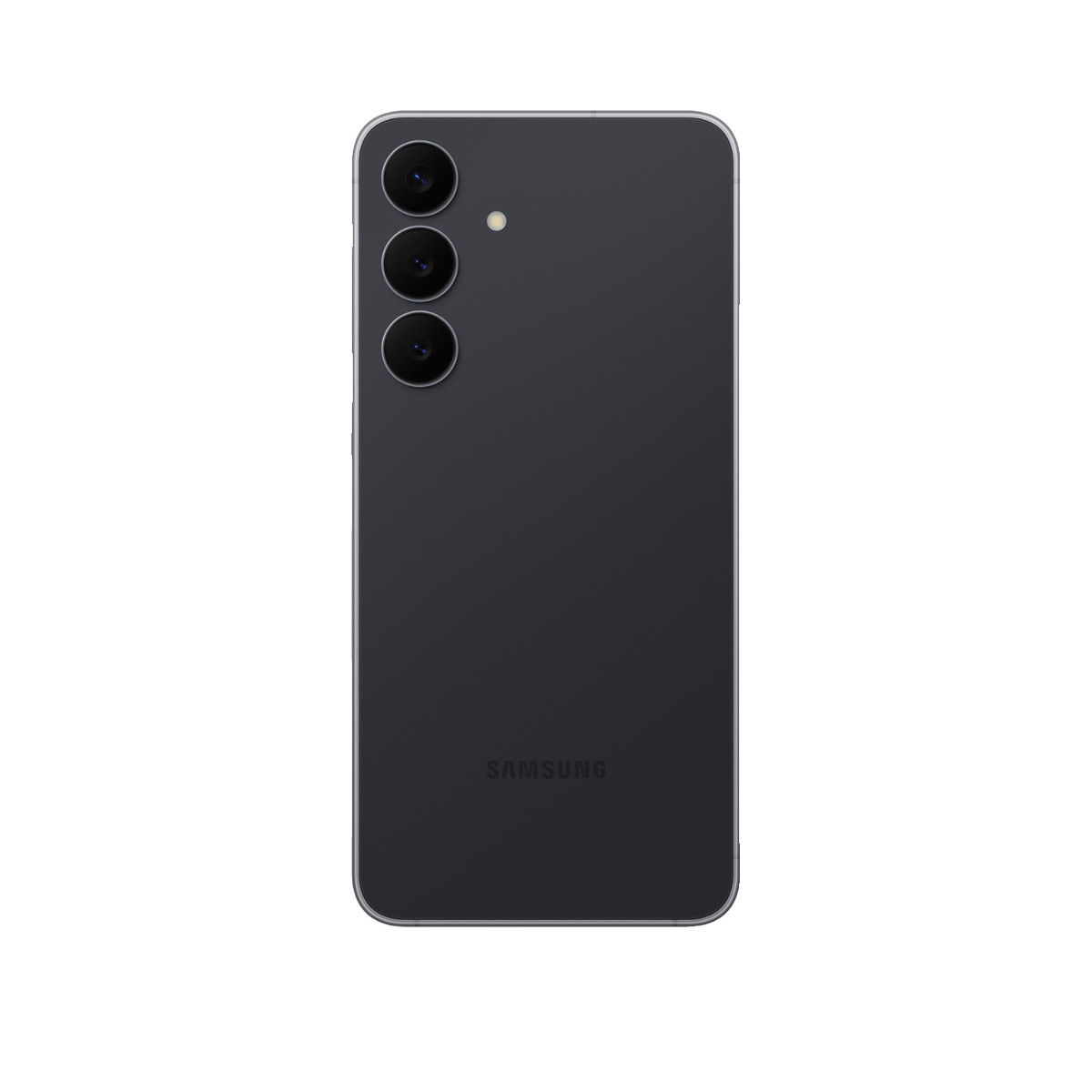 Rückseite eines schwarzen Samsung-Smartphones mit drei vertikalen Kameras und dem Markennamen.