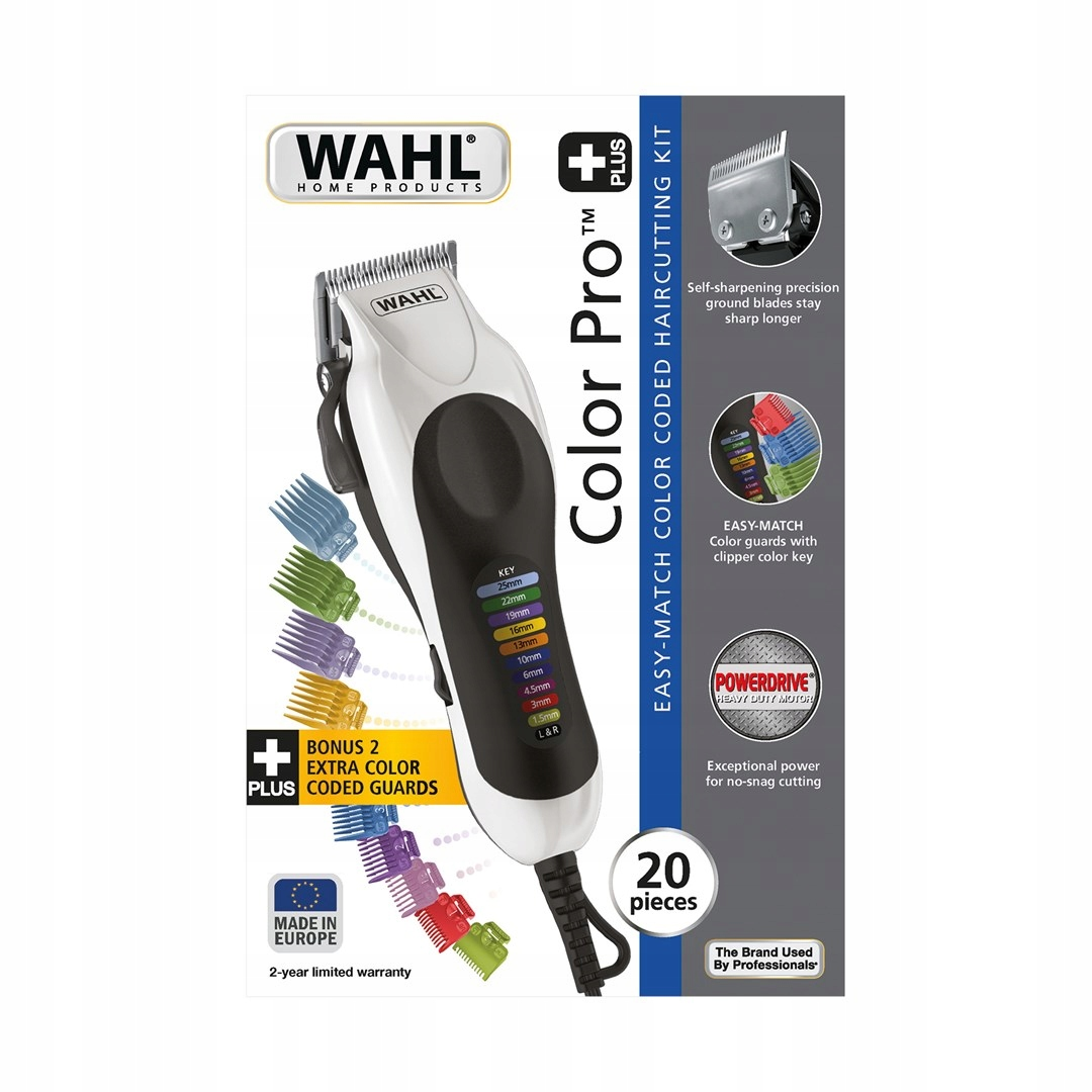 Verpackung des Wahl Color Pro Haarschneiders mit weiß-schwarzem Gerät und bunten Aufsteckkämmen.