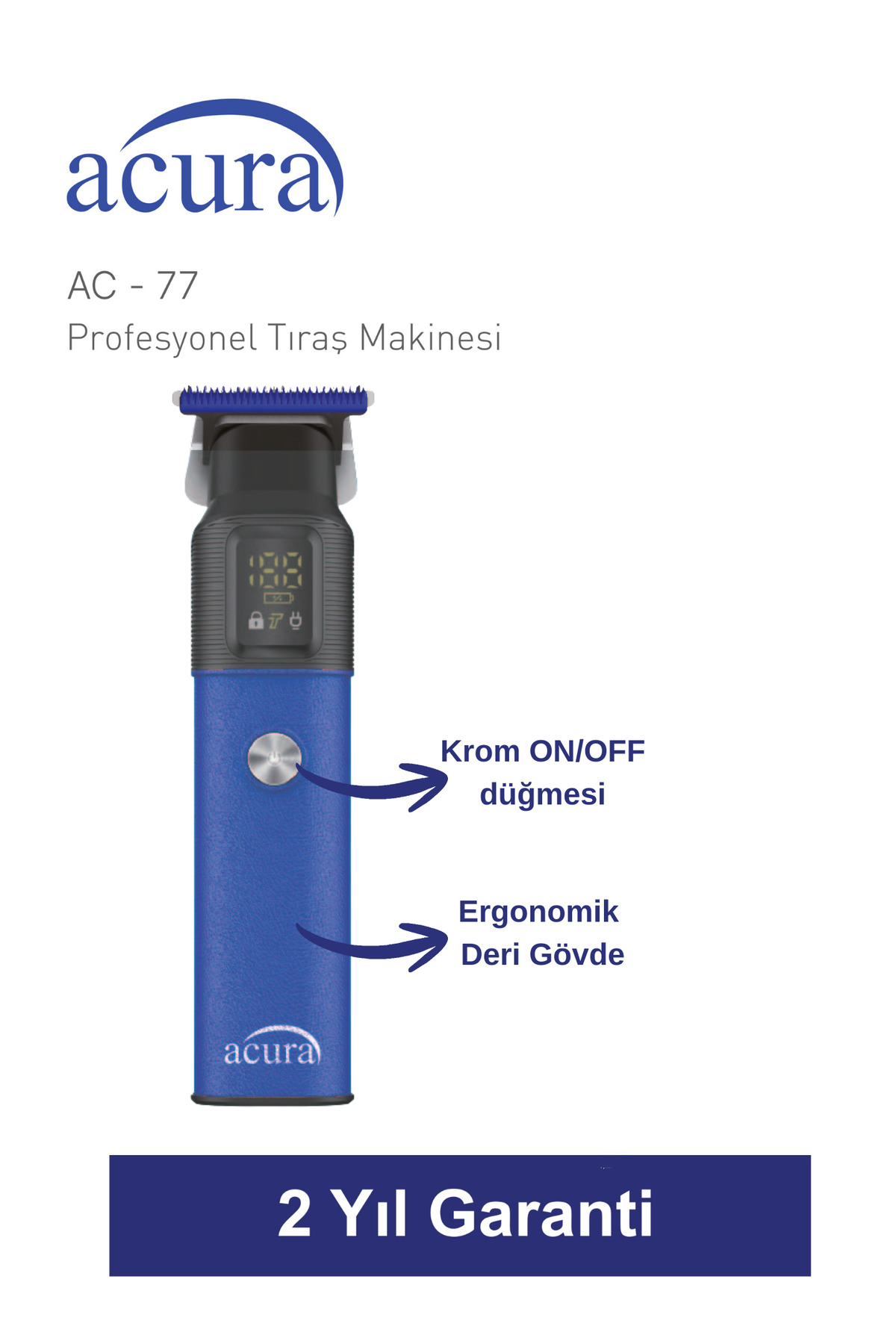 Mavi renkli Acura AC-77 profesyonel tıraş makinesi, LED ekran, krom açma/kapama düğmesi ve deri gövdesiyle.