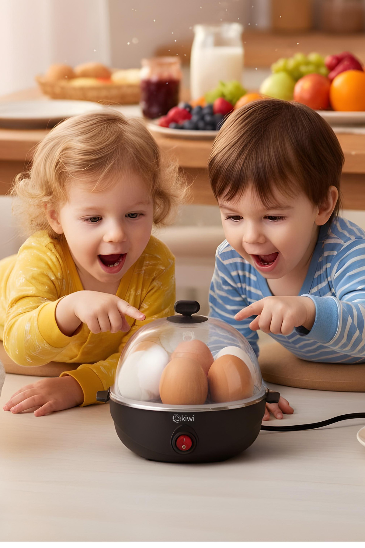 İki mutlu çocuk beyaz ve kahverengi yumurtalarla dolu bir yumurta pişiricisini işaret ediyor.