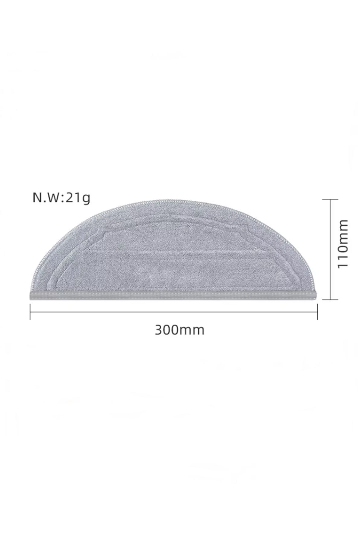 300mmye 110mm boyutlarında ve 21g ağırlığında gri yarı dairesel paspas.