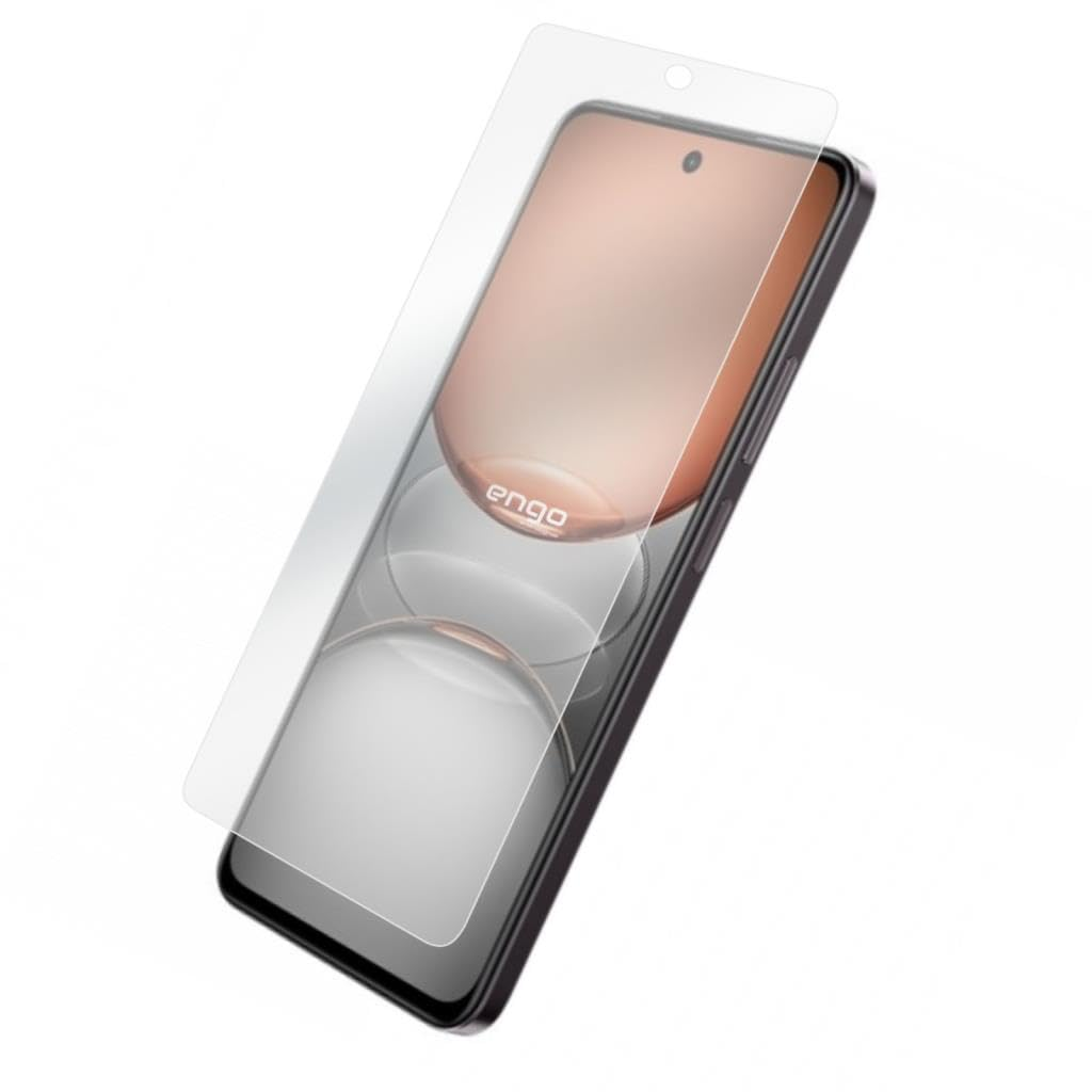 Beyaz bir arka plan üzerinde üzerinde yüzen şeffaf koruyucu cam ekran koruyuculu bir akıllı telefon.