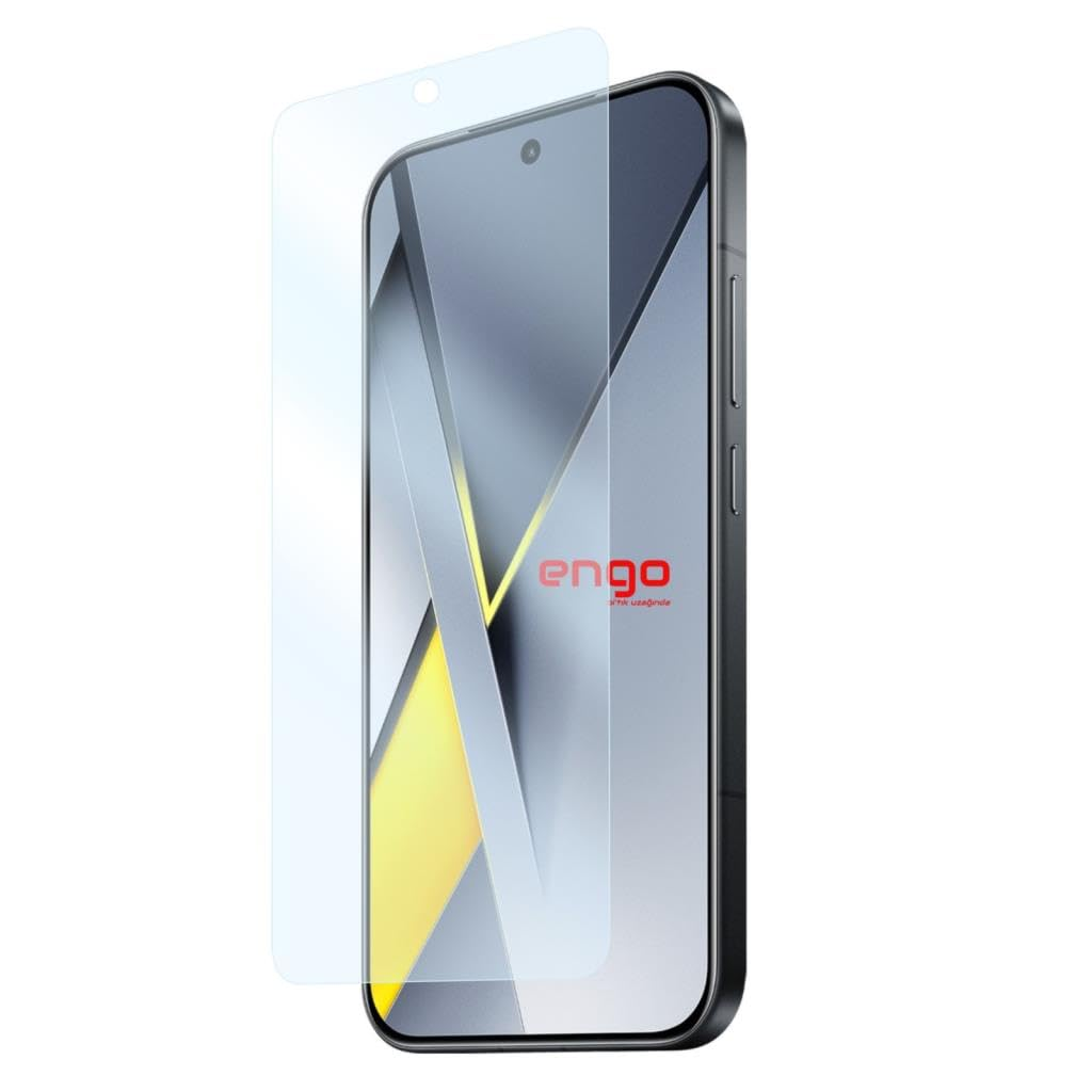 Geometrik duvar kağıdı ve engo logolu ekranı üzerinde duran cam ekran koruyuculu koyu renkli akıllı telefon.