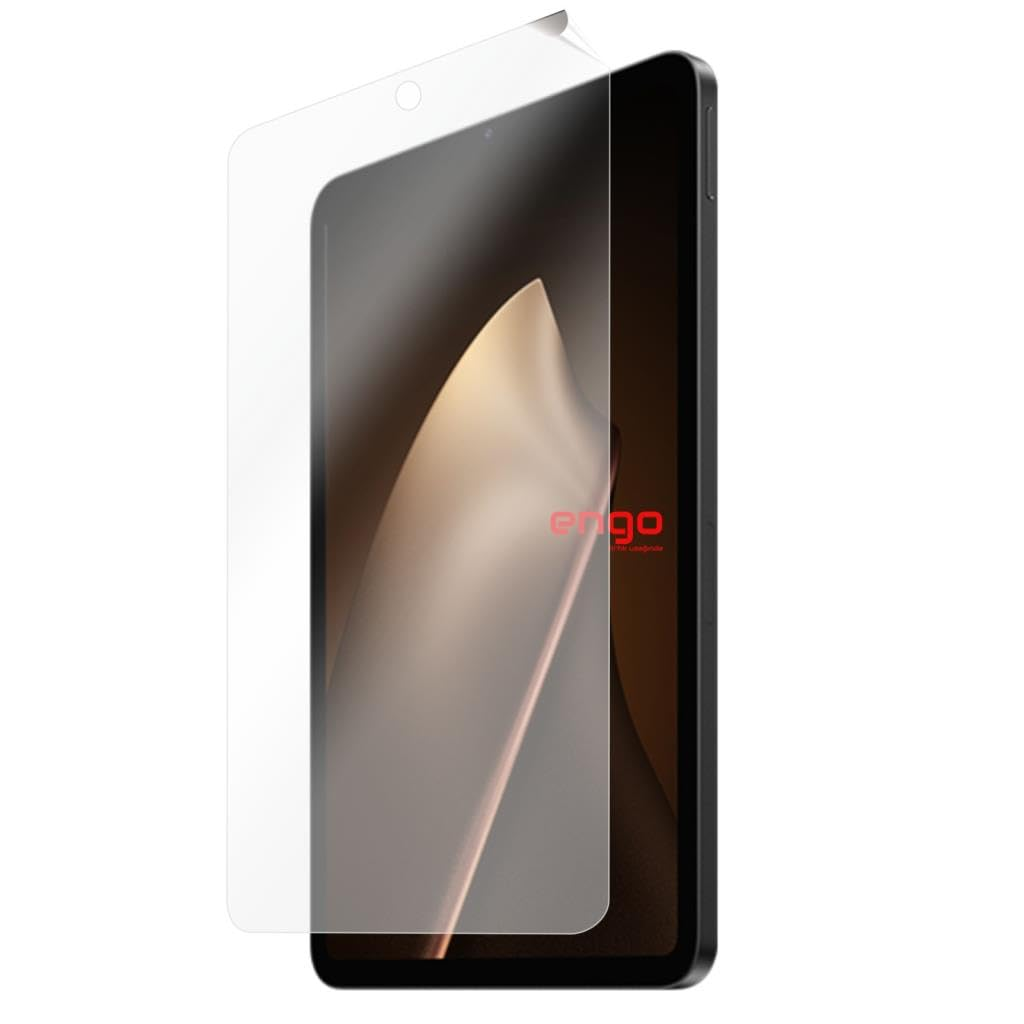 Beyaz arkaplanda, üst kısmı kısmen soyulmuş şeffaf ekran koruyuculu siyah bir tablet.