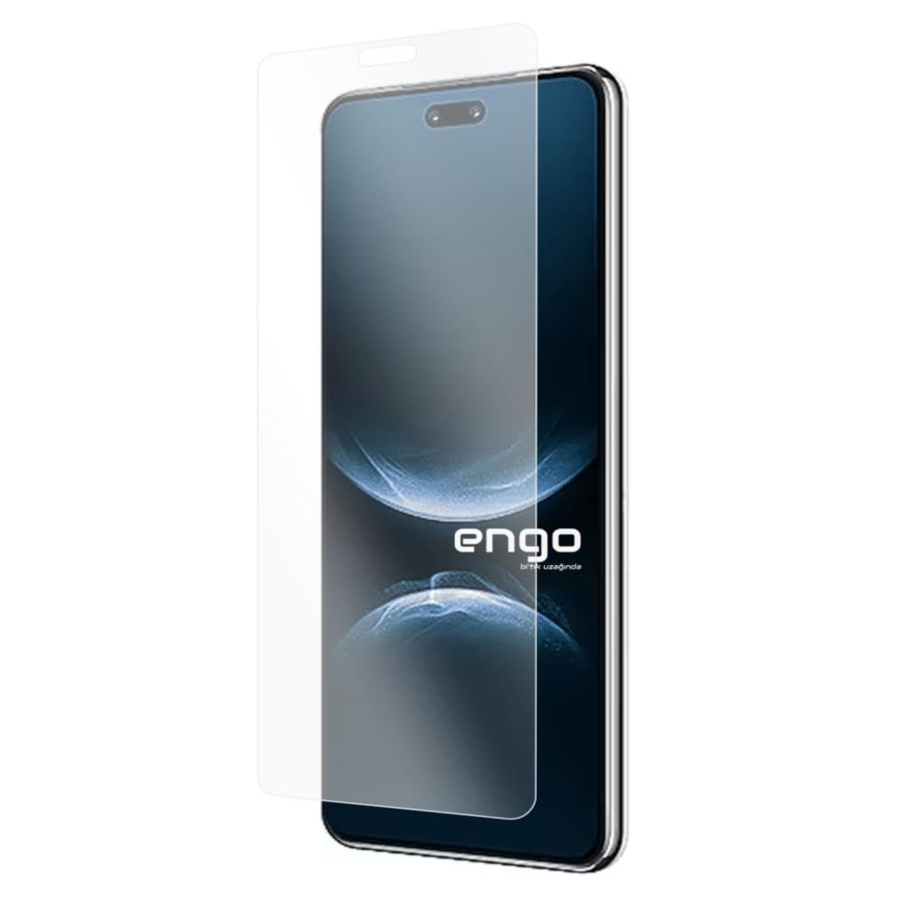 Önünde şeffaf ekran koruyucu ve ekranda Engo logosu bulunan bir akıllı telefon.