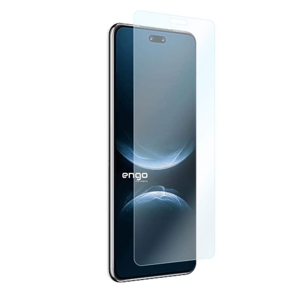 Önünde hafifçe kaldırılmış şekilde konumlandırılmış cam ekran koruyuculu siyah bir akıllı telefon.