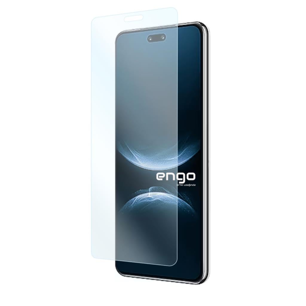 Önünde şeffaf ekran koruyucu bulunan ve koyu arka plan üzerinde engo logosunu gösteren bir akıllı telefon.