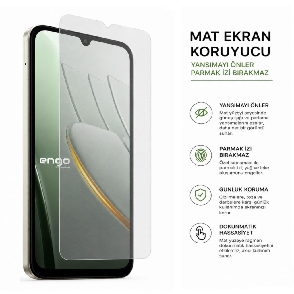 Mat ekran koruyucu reklamı, akıllı telefon ve Türkçe metinli dört özellik simgesi.