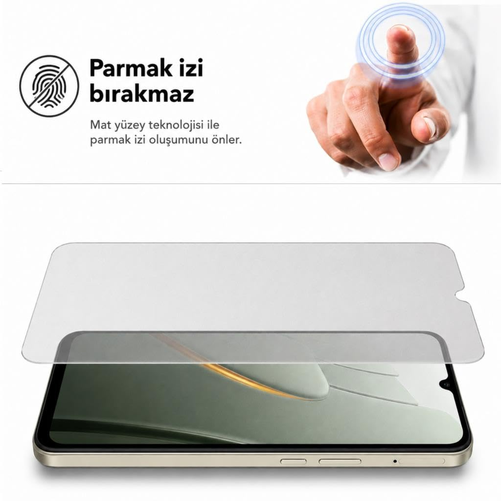 Parmak izi bırakmaz teknolojisini gösteren akıllı telefon ekran koruyucusu, metin ve parmak görseli.