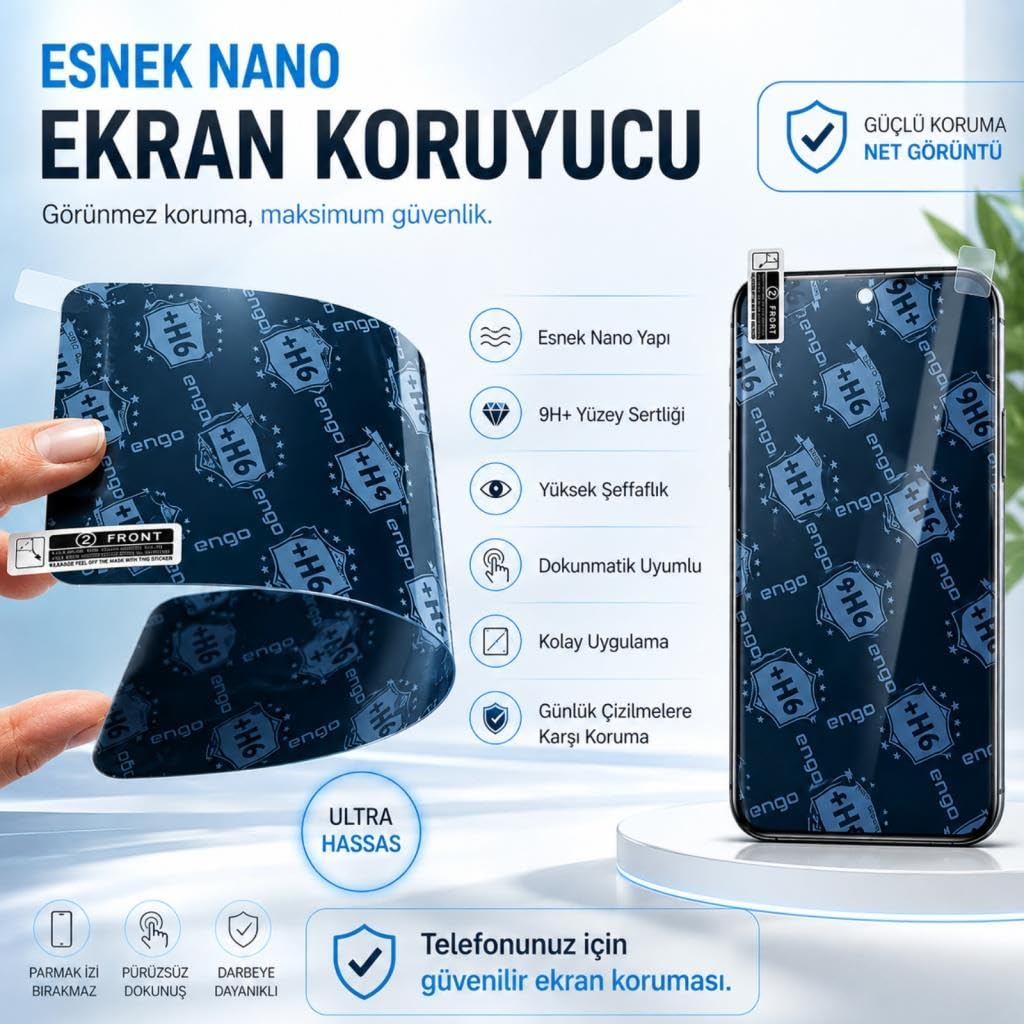 Esnek nano ekran koruyucunun özelliklerini ve akıllı telefondaki duruşunu gösteren afiş.