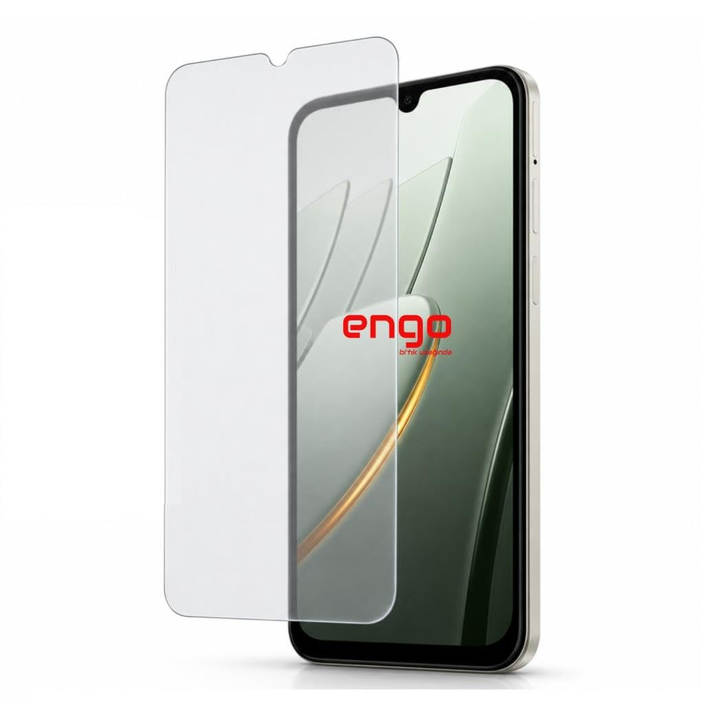 Bir akıllı telefon, kesikleri olan şeffaf bir ekran koruyucusunun yanında dik duruyor.