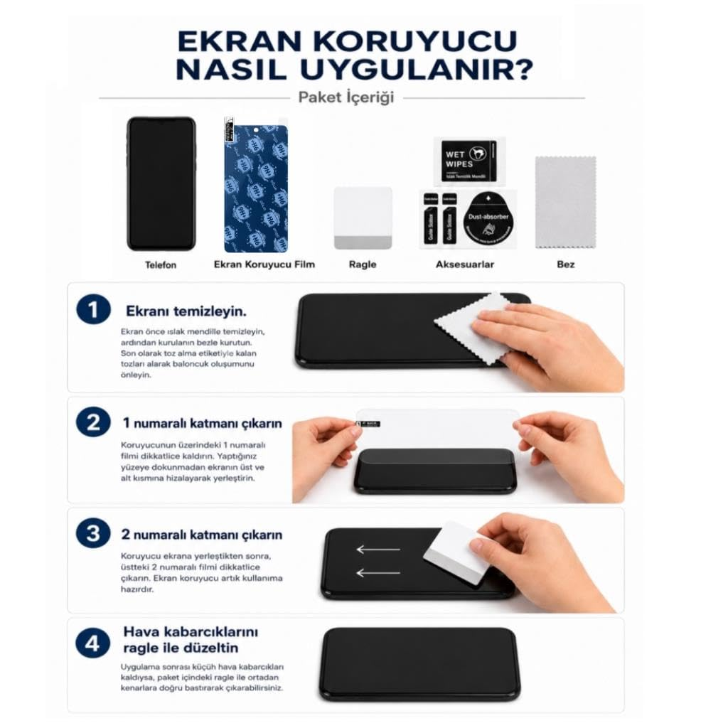 Telefon ekran koruyucusunun nasıl uygulanacağını gösteren adım adım rehber ve paket içeriği.