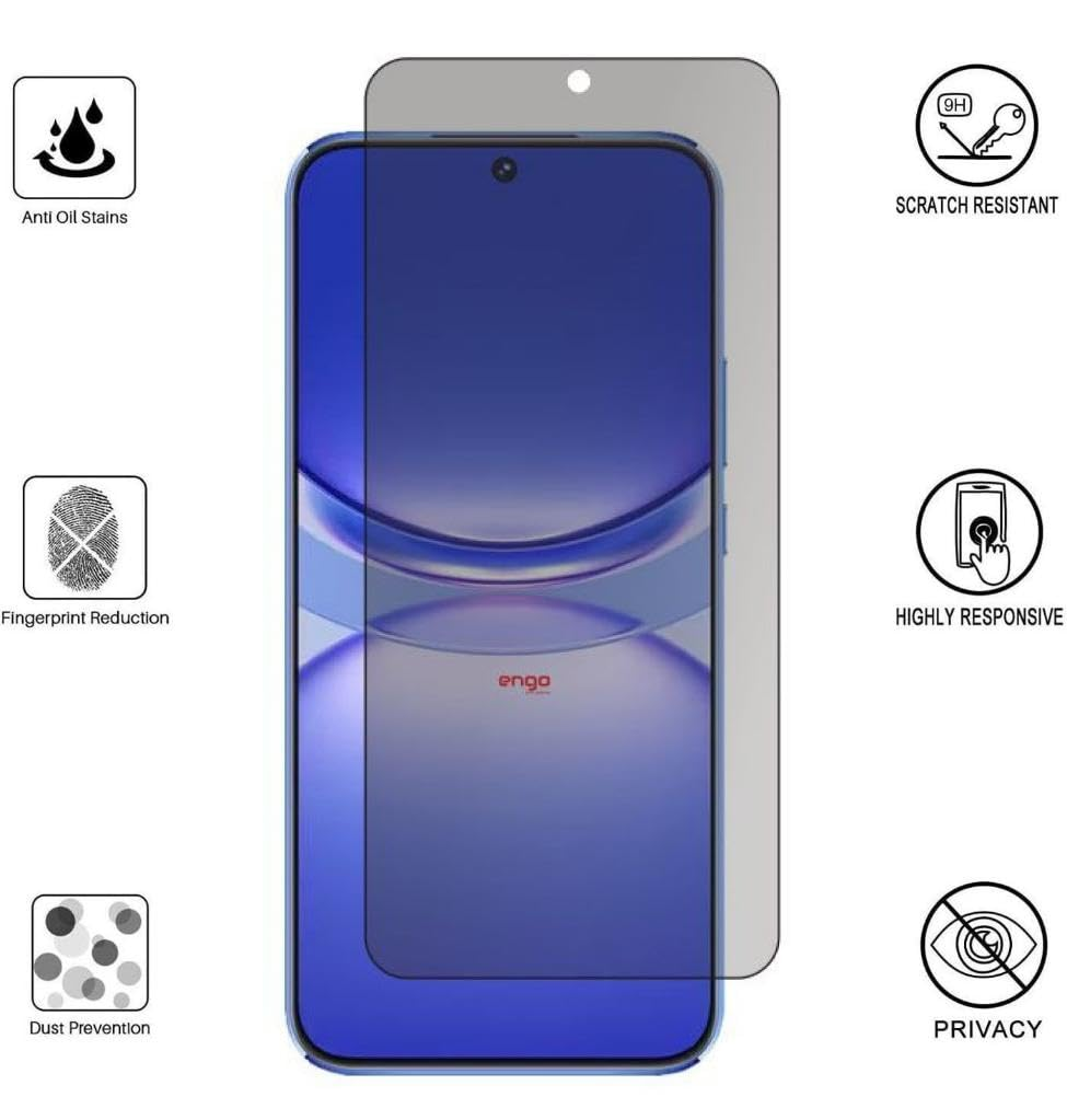 Ekran koruyuculu akıllı telefon ve anti-yağ, çizilmezlik, parmak izi azaltma, dokunma hassasiyeti, toz önleme ve gizlilik için altı simge.