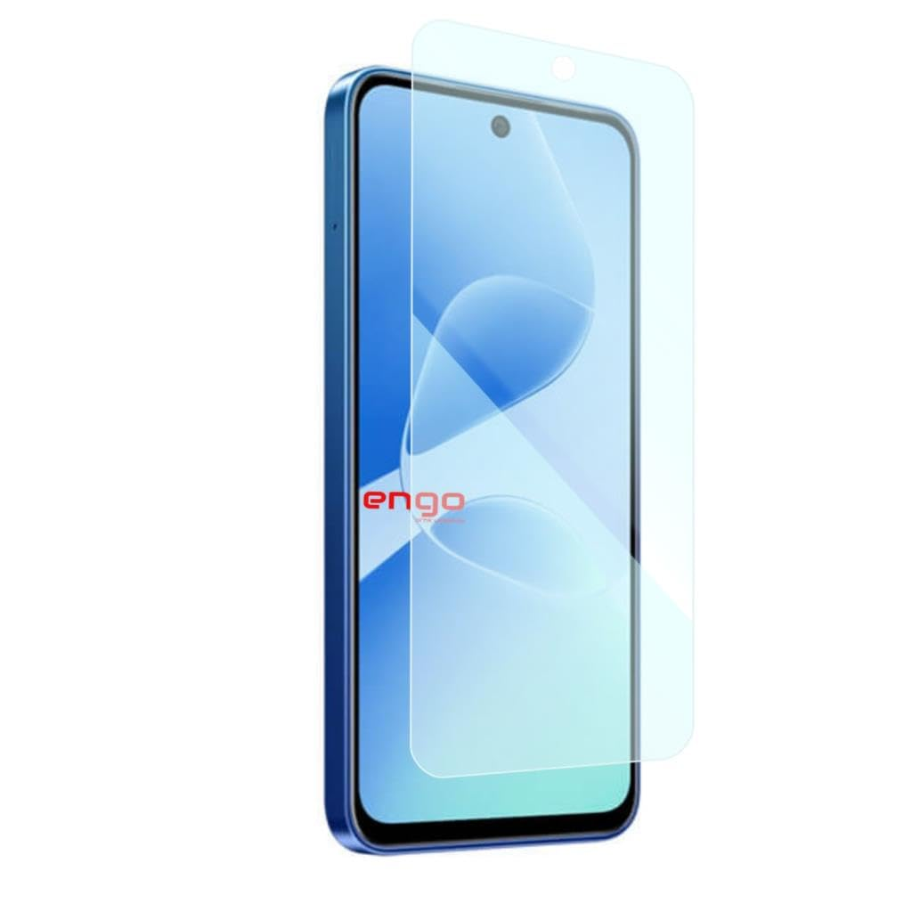 Üzerinde hafifçe süzülen şeffaf bir ekran koruyucu bulunan mavi bir akıllı telefon.