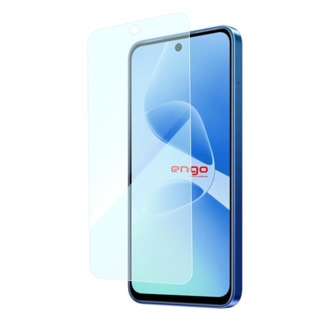 Ekranın önünde duran şeffaf ekran koruyuculu mavi bir akıllı telefon.