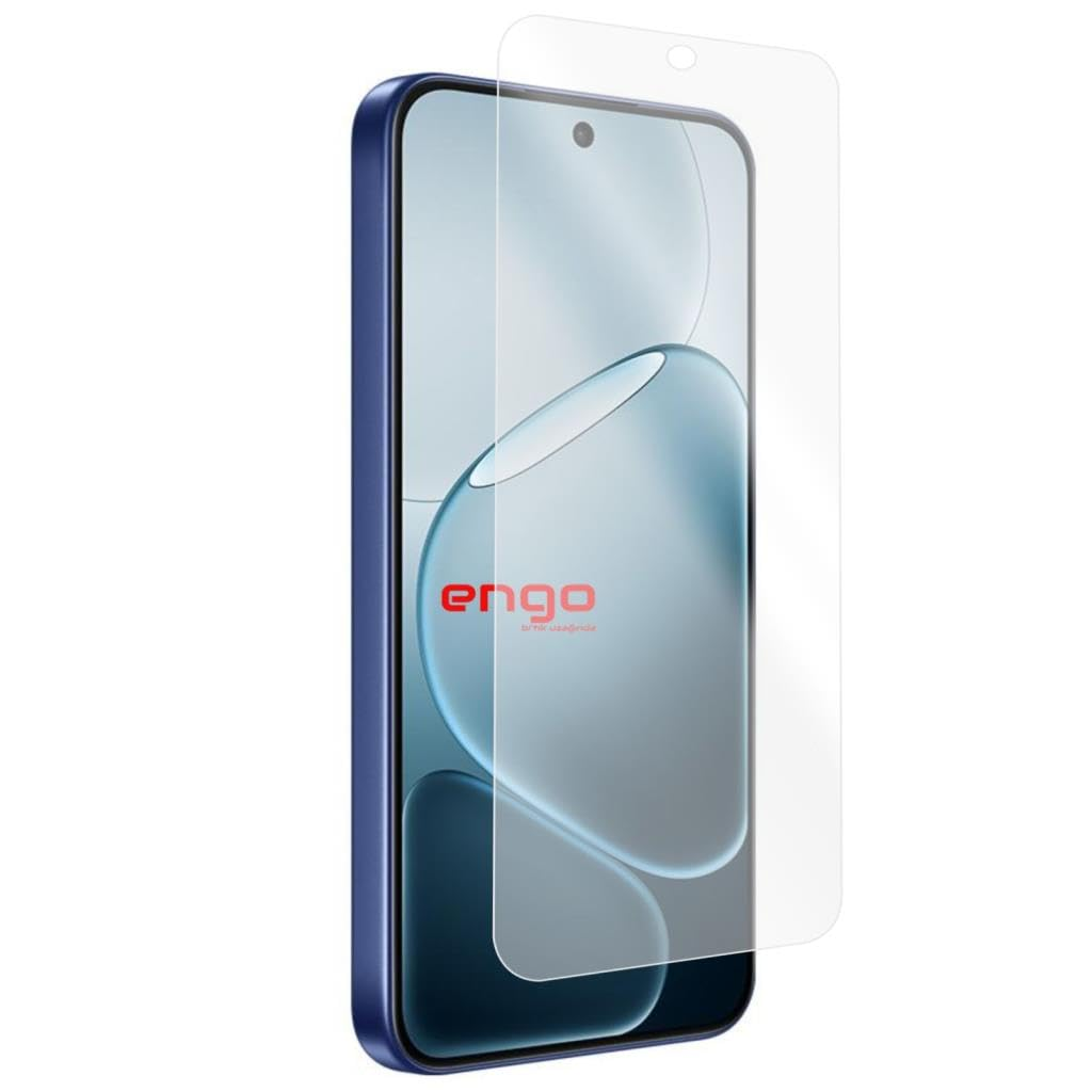 Mavi kılıflı ve ekranında Engo logosu bulunan şeffaf ekran koruyuculu akıllı telefon.