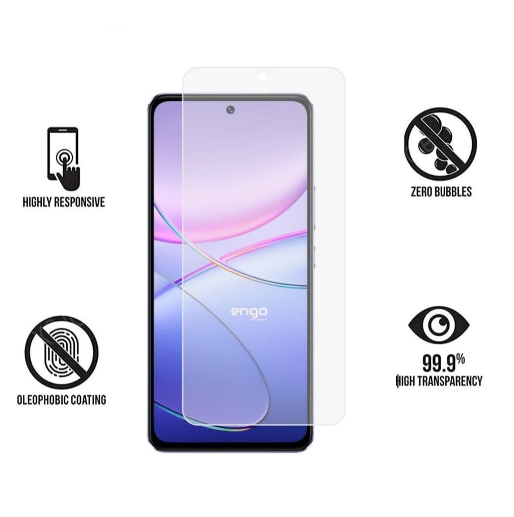Ekran koruyuculu akıllı telefon ve sıfır kabarcık, yüksek şeffaflık gibi özellik simgeleri.