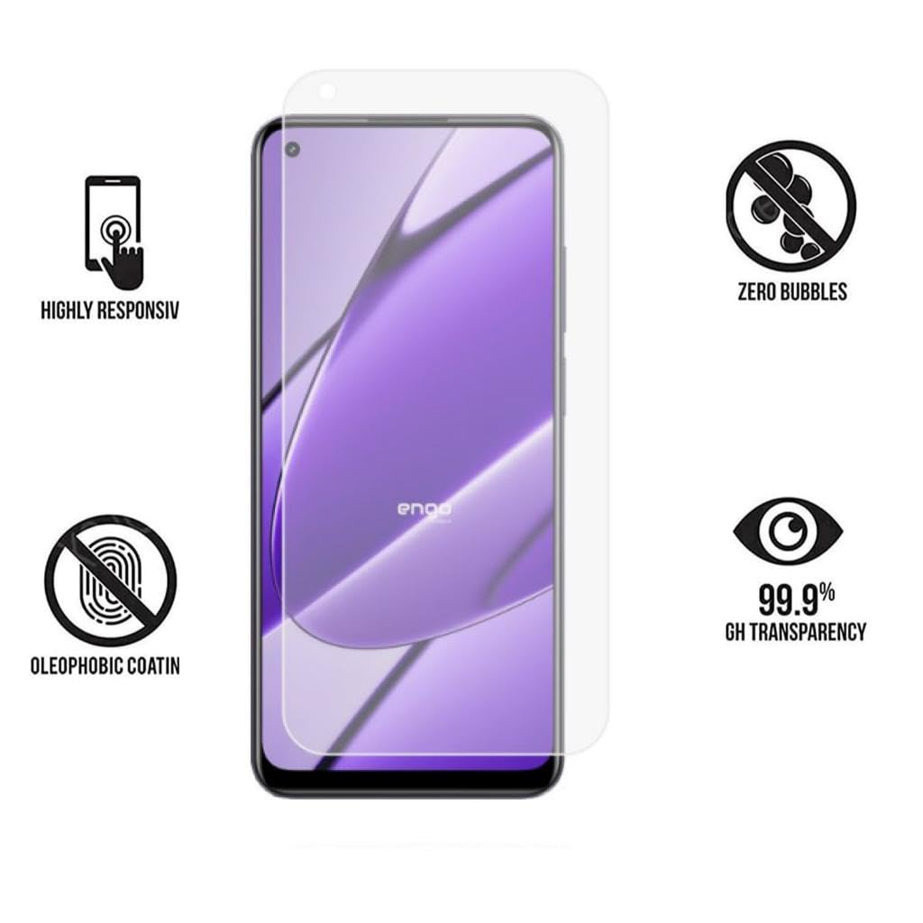 Ekran koruyucu ve dokunma, kabarcıksız, oleofobik kaplama ve şeffaflık belirten dört simgeye sahip akıllı telefon.