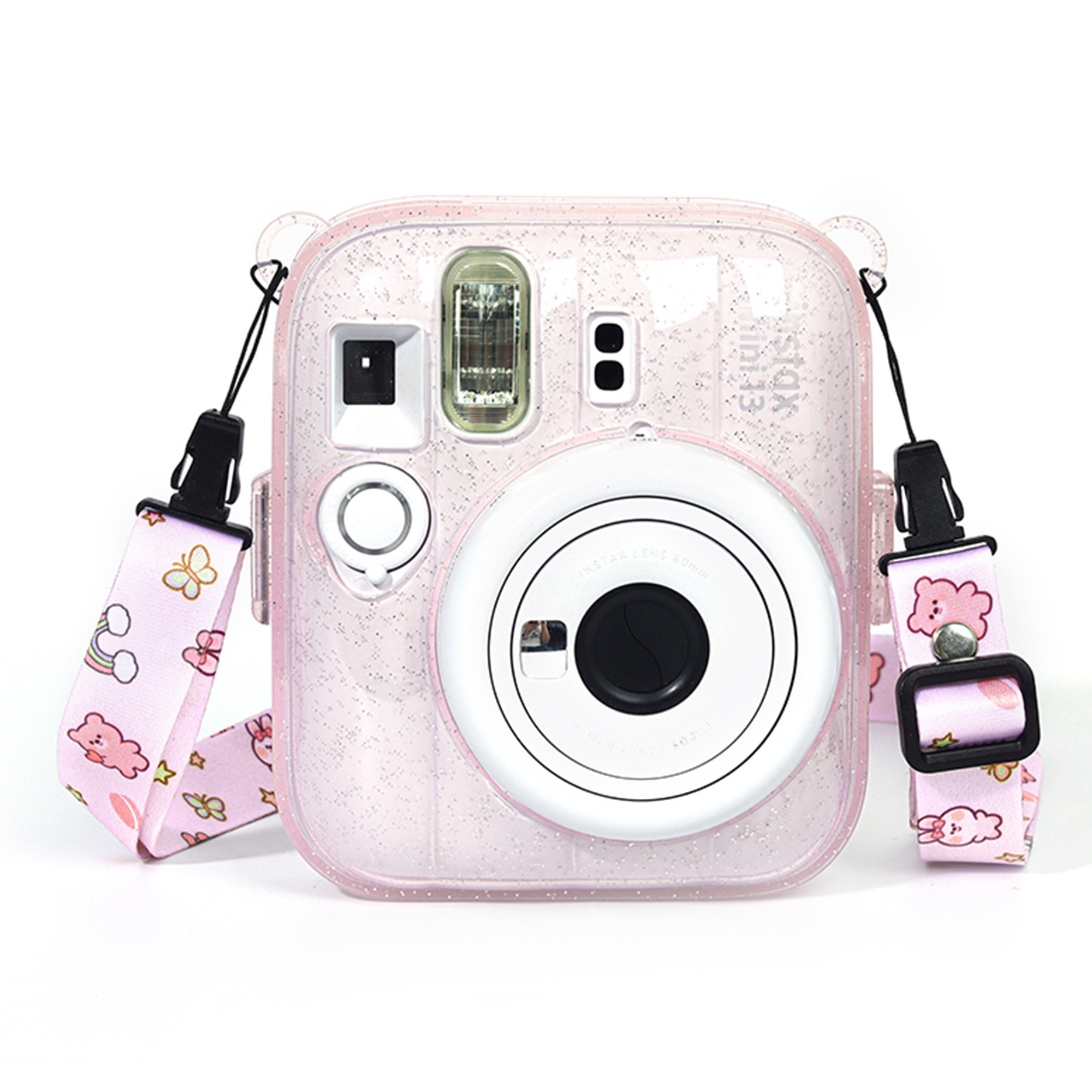 Sevimli ayı ve kelebek desenli pembe askılı, şeffaf kılıflı pembe simli bir Instax mini kamera.