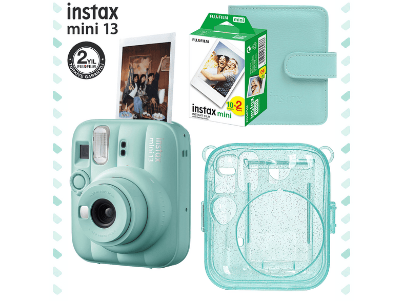 FUJIFILM Instax Mini 13 Lagoon Deri Albüm Pleksi Kılıf ve 20'li Film Hediye Seti Fotoğraf Makinesi