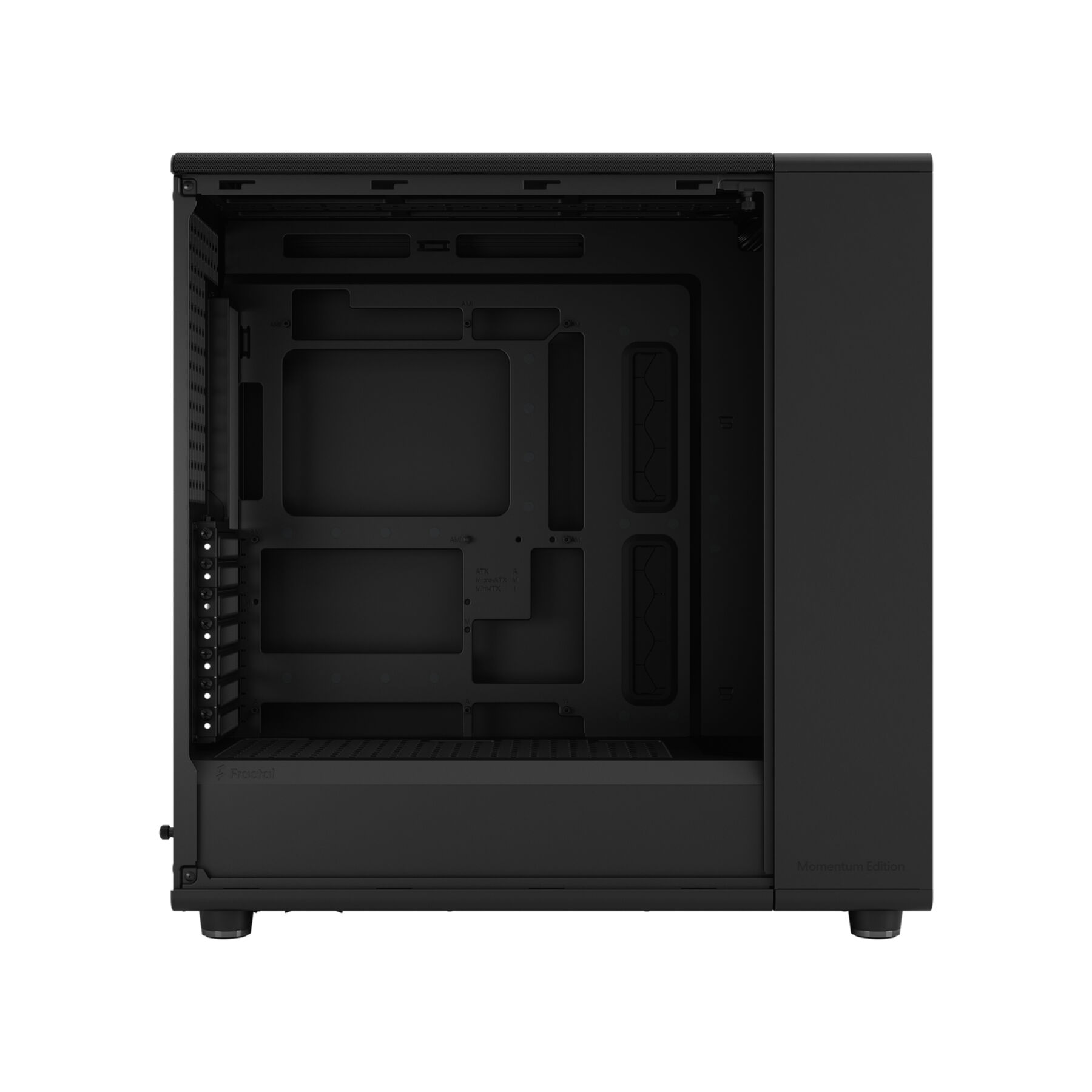 An empty black PC case with an open side panel and visible interior.