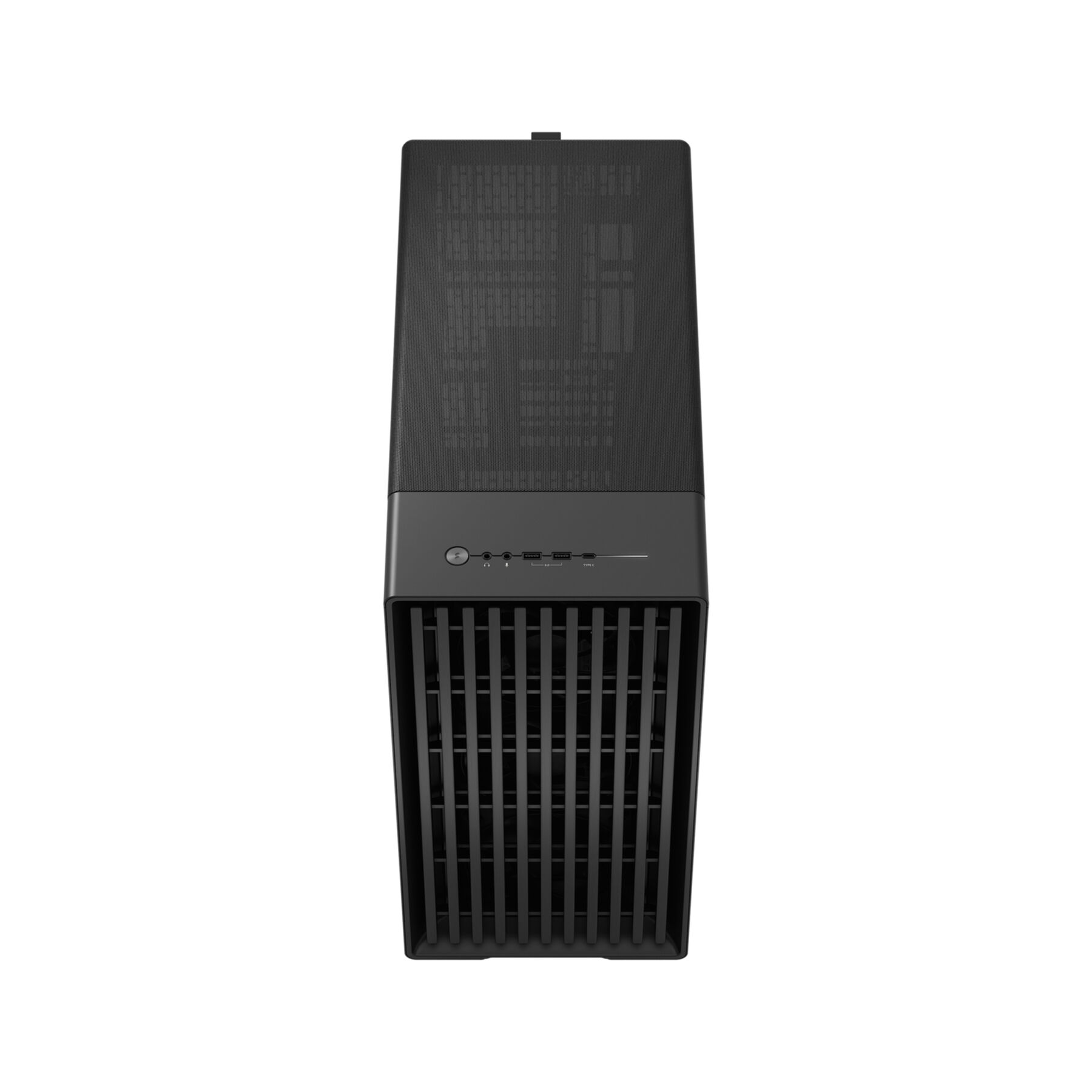 A black PC tower featuring a mesh top panel and a vertically slotted front.