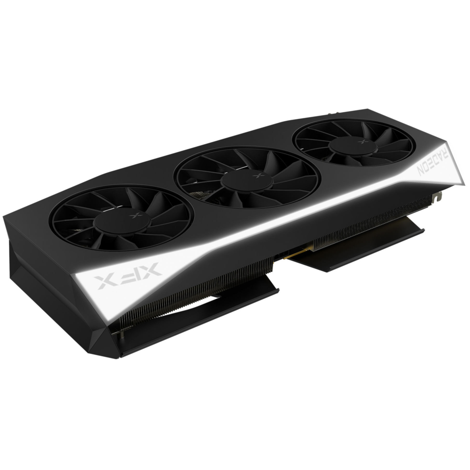 Scheda video nera XFX Radeon con tre ventole e illuminazione bianca.