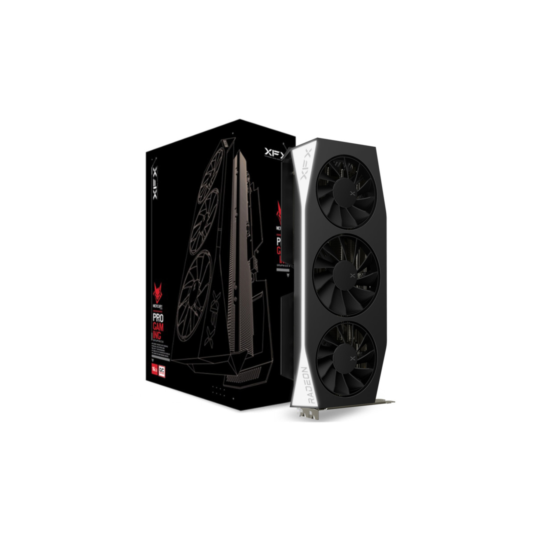 Una scheda grafica XFX Radeon in piedi accanto alla confezione nera con immagine.