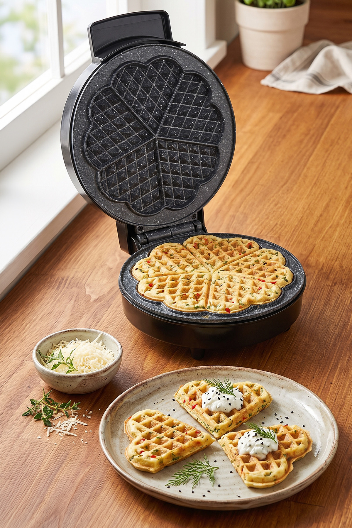 Ahşap masada kalp şeklinde taze waffle'lar, rendelenmiş peynir ve otlar ile waffle makinesi.