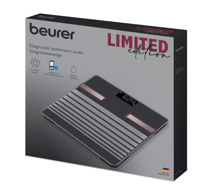 Beurer Diagnose-Waage Verpackung mit dem schwarzen Limited Edition Gerät mit silbernen Streifen und Display.