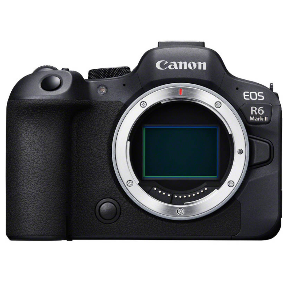 Vista frontal de la cámara digital sin espejo Canon EOS R6 Mark II negra sin lente sobre fondo blanco.