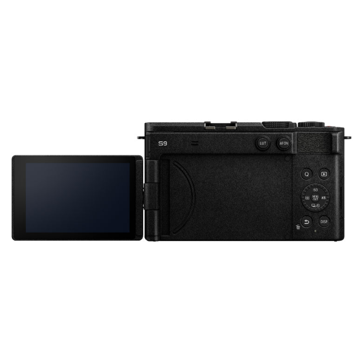 Vista posteriore di una fotocamera compatta nera S9 con schermo orientabile e pulsanti a destra.