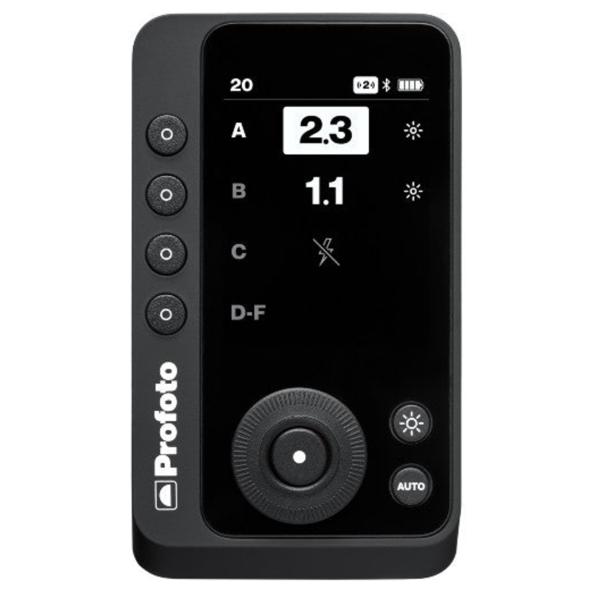 Schwarze Profoto-Blitzfernbedienung mit digitalem Display und physischen Steuertasten.