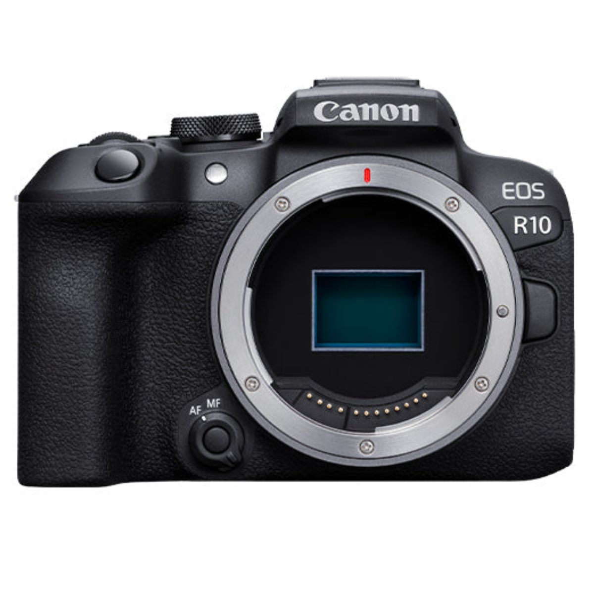 Vista frontal del cuerpo de la cámara digital sin espejo Canon EOS R10 negra sin lente.