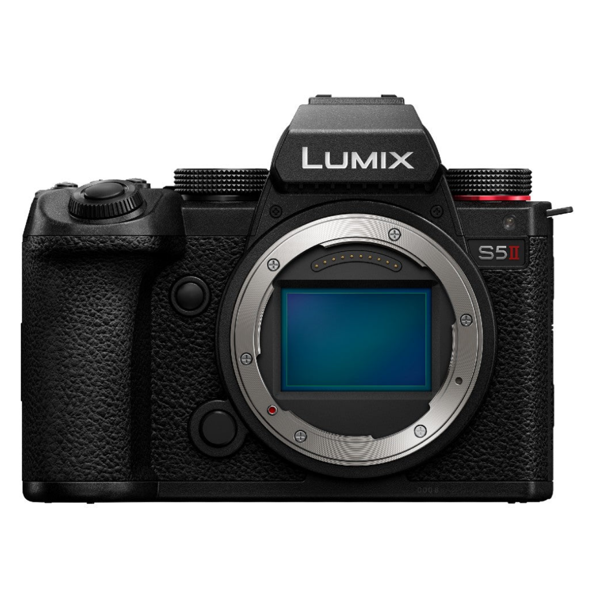 Fotocamera mirrorless Lumix S5II nera vista frontalmente con innesto obiettivo e sensore.