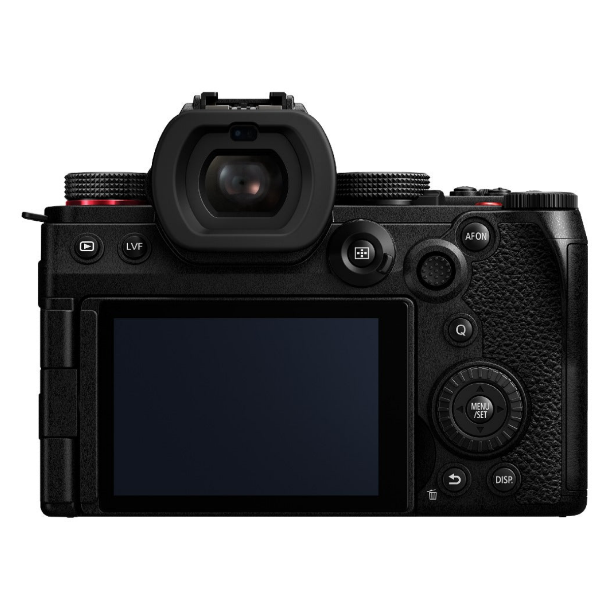 Vista posteriore di una fotocamera digitale nera con schermo LCD, mirino, ghiere di controllo e vari pulsanti.