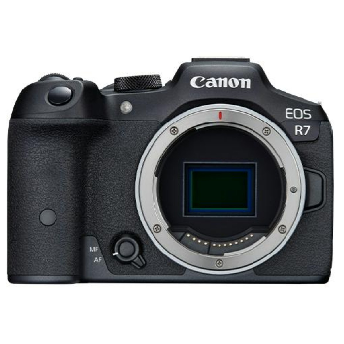 Cámara sin espejo Canon EOS R7 negra vista desde el frente.