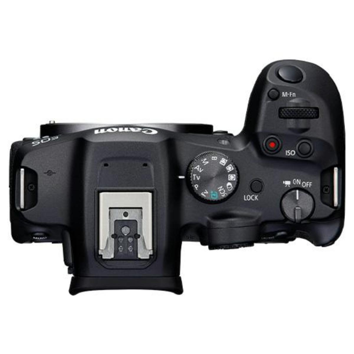 Vista superior de una cámara Canon EOS negra con diales, botones y zapata en un fondo blanco.