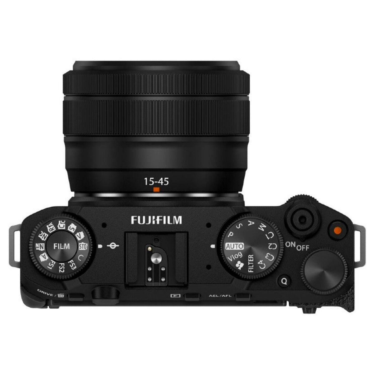 Vista superior de una cámara Fujifilm negra con un objetivo de 15-45 mm y varios diales.