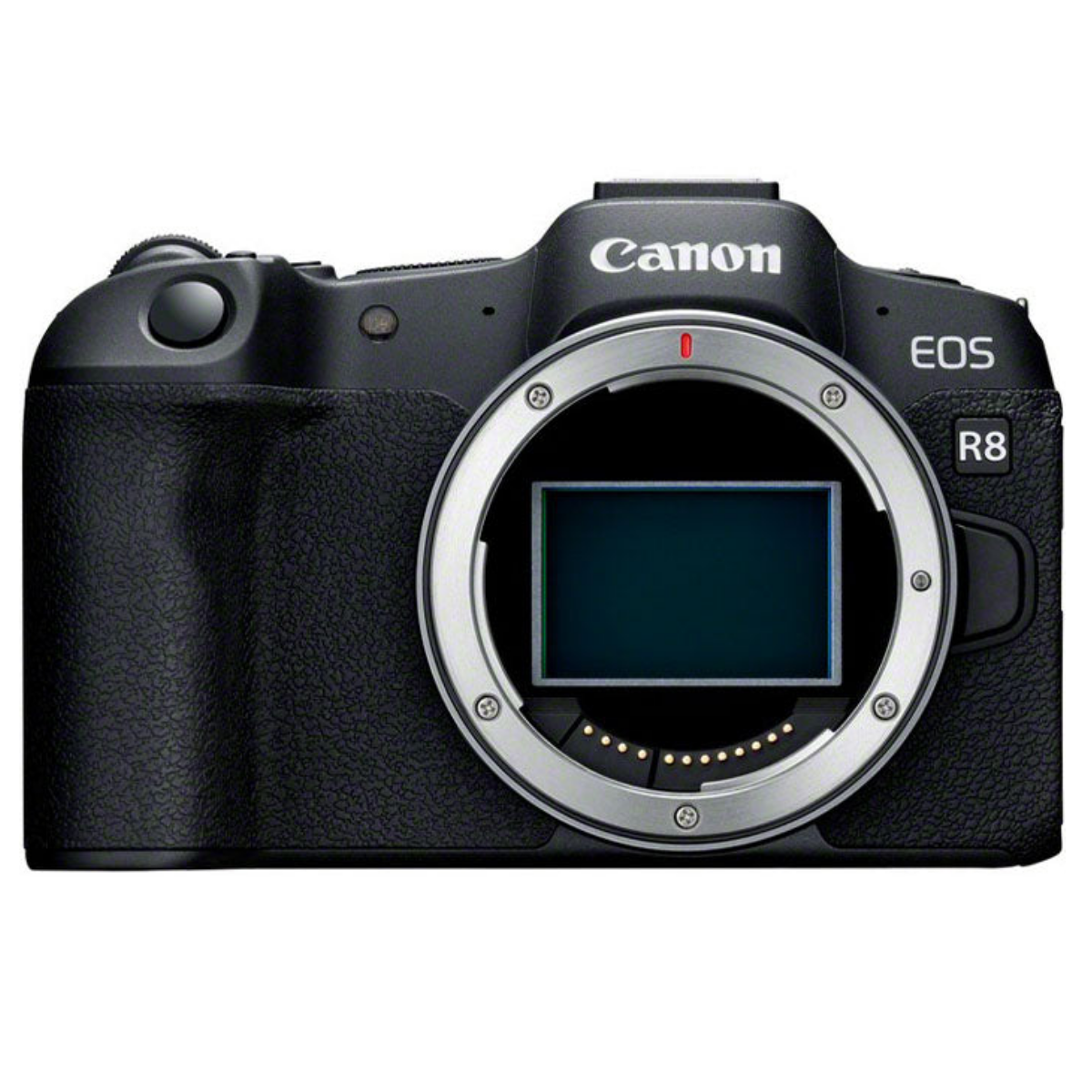 Cuerpo de cámara sin espejo Canon EOS R8 negra, vista frontal, mostrando montura y sensor.
